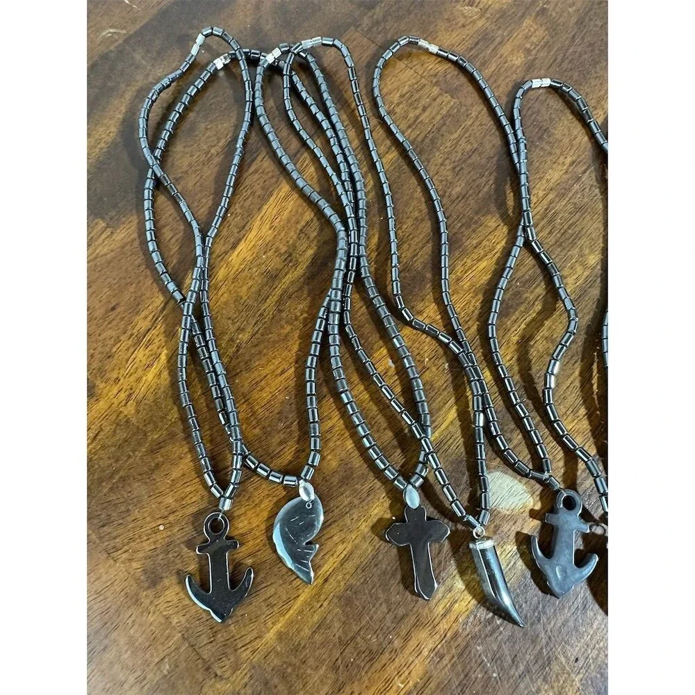 6Pc Hematite Stone Pendant Necklace Lot Fish Cross Anchor Horn Sun Heart